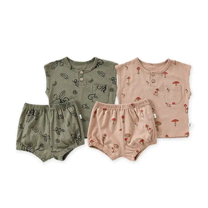 Summer Pastoral Style Toddler Sleeveless Crew Neck Vest and Shorts Suit