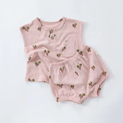 Summer Pastoral Style Toddler Sleeveless Crew Neck Vest and Shorts Suit