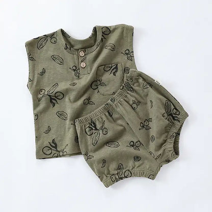 Summer Pastoral Style Toddler Sleeveless Crew Neck Vest and Shorts Suit