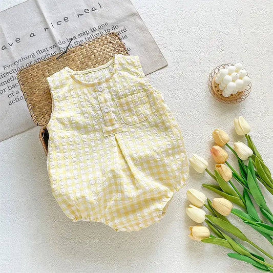 Vintage Yellow Checkered Baby Cotton Romper - CutePopToy
